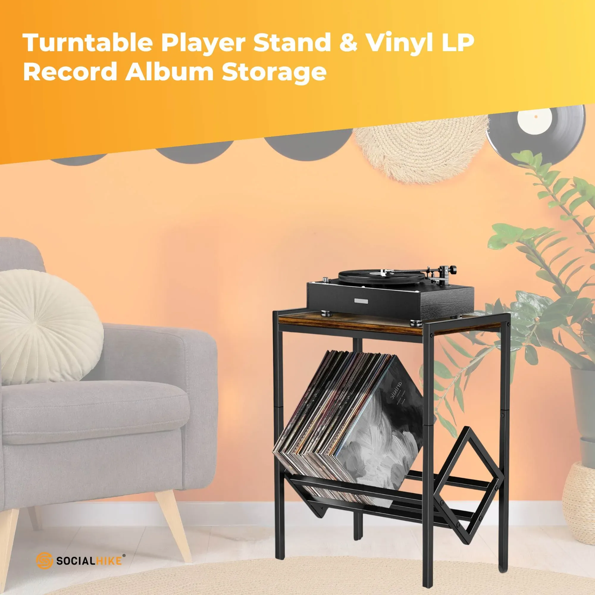 Social Hike Turntable Player Stand & Vinyl LP Record Album Storage - Black β image 2