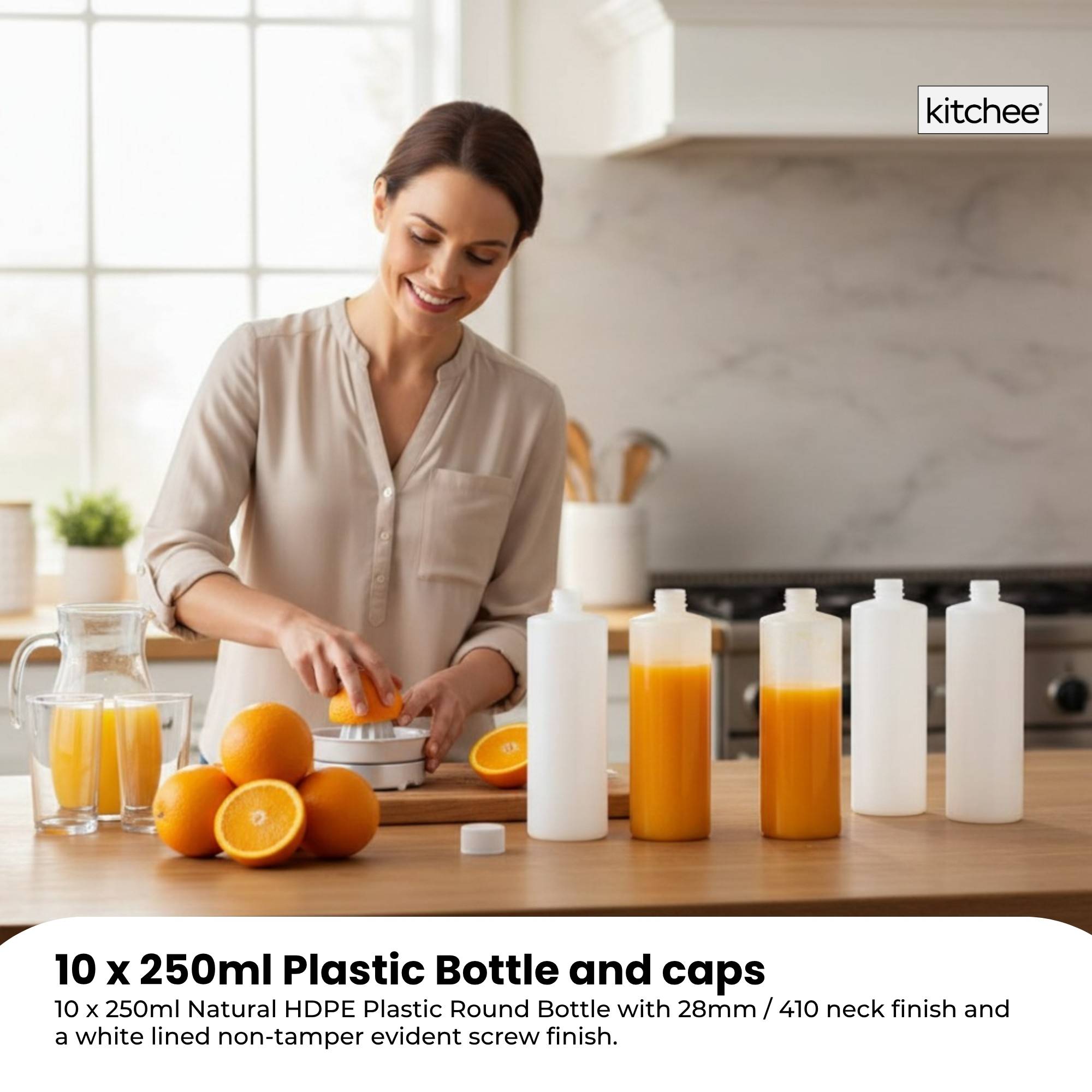 Kitchee 10x 250ml Natural HDPE Round Bottle + 28/410 Caps - Empty Plastic Food Storage — image 3