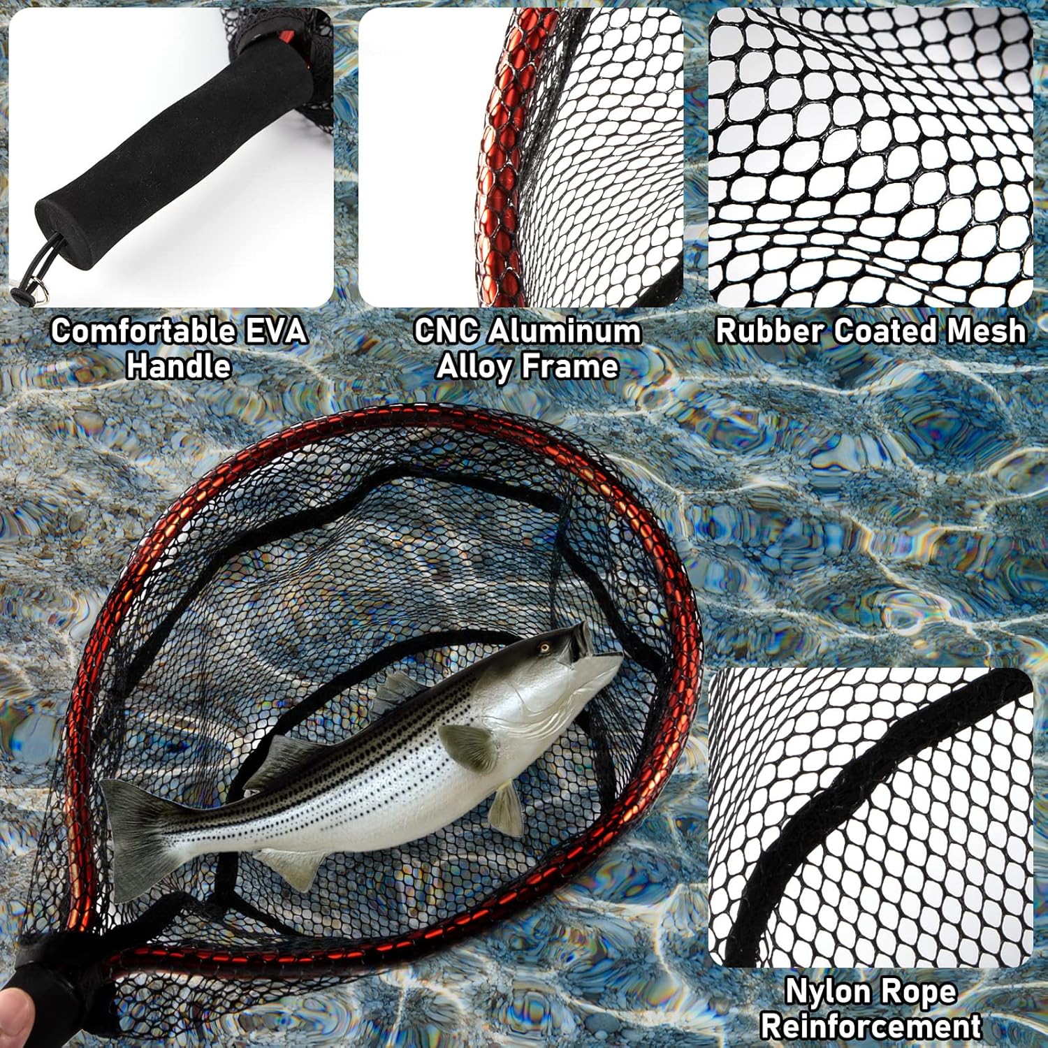 Fly Fishing Net with EVA Handle, Ice Landing Nets CNC Aluminum Alloy Frame, Rubber Coated Mesh Trout Kayak for Crappie Bass Sunfish Bulegill Panfish Black — image 3