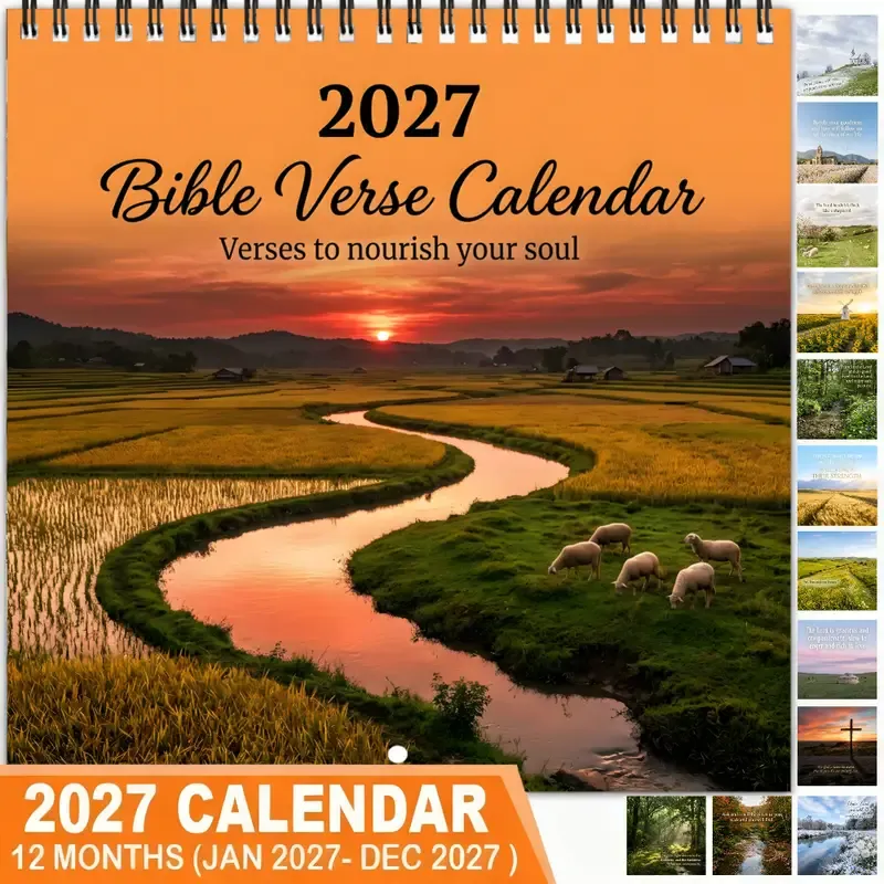 2027 Bible Verse Wall Calendar, 8.3-inch Square with Spiral Coil Binding, Features Healing Landscapes & Scripture Verses Each Month, Large Writing Space