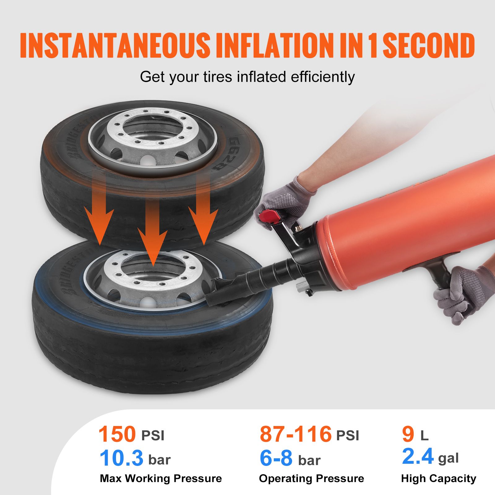 Tire Bead Seater, 2.4 Gal/9 L Air Tire Bead Blaster, 150 PSI Handheld Bead Bazooka, Portable Tire Inflator Tool, 87-116 PSI Operating Pressure for Tractor — image 3