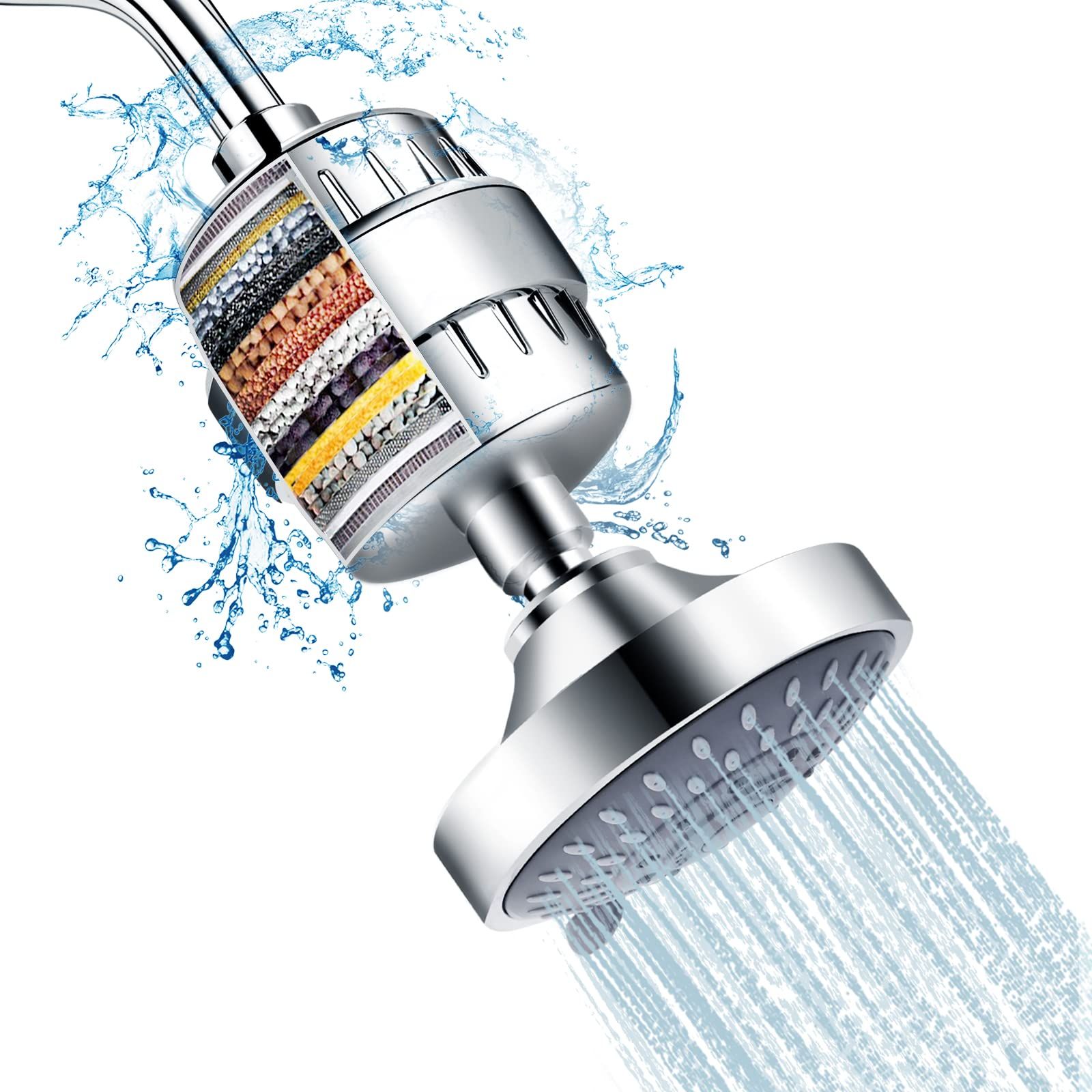 Shower Head and 15 Stage Shower Filter Combo, High Pressure 5 Spray Settings Filtered Showerhead with Water Softener Filter