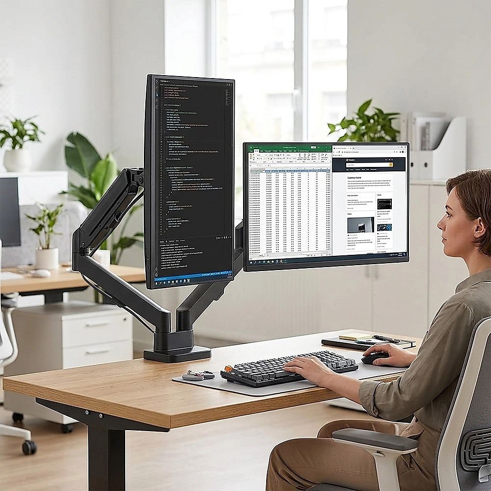 Dual Arm Monitor Desk Mount Bracket Spring Assisted 17–32 Inch Full Motion — image 5