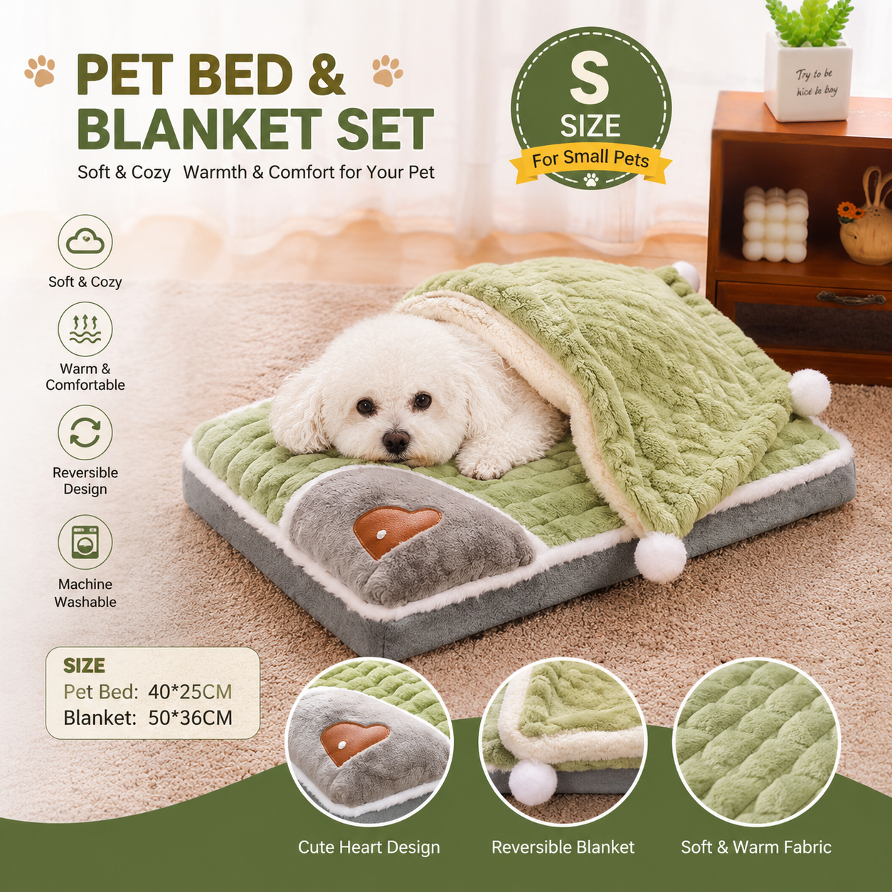 2-piece S size Green Pet Winter Comfort Bundle – 50 × 36cm Plush Pet Blanket and 40 × 25cm Thickened Pet Sleeping Bed Set for Dogs and Cats, Double-Sided Warm