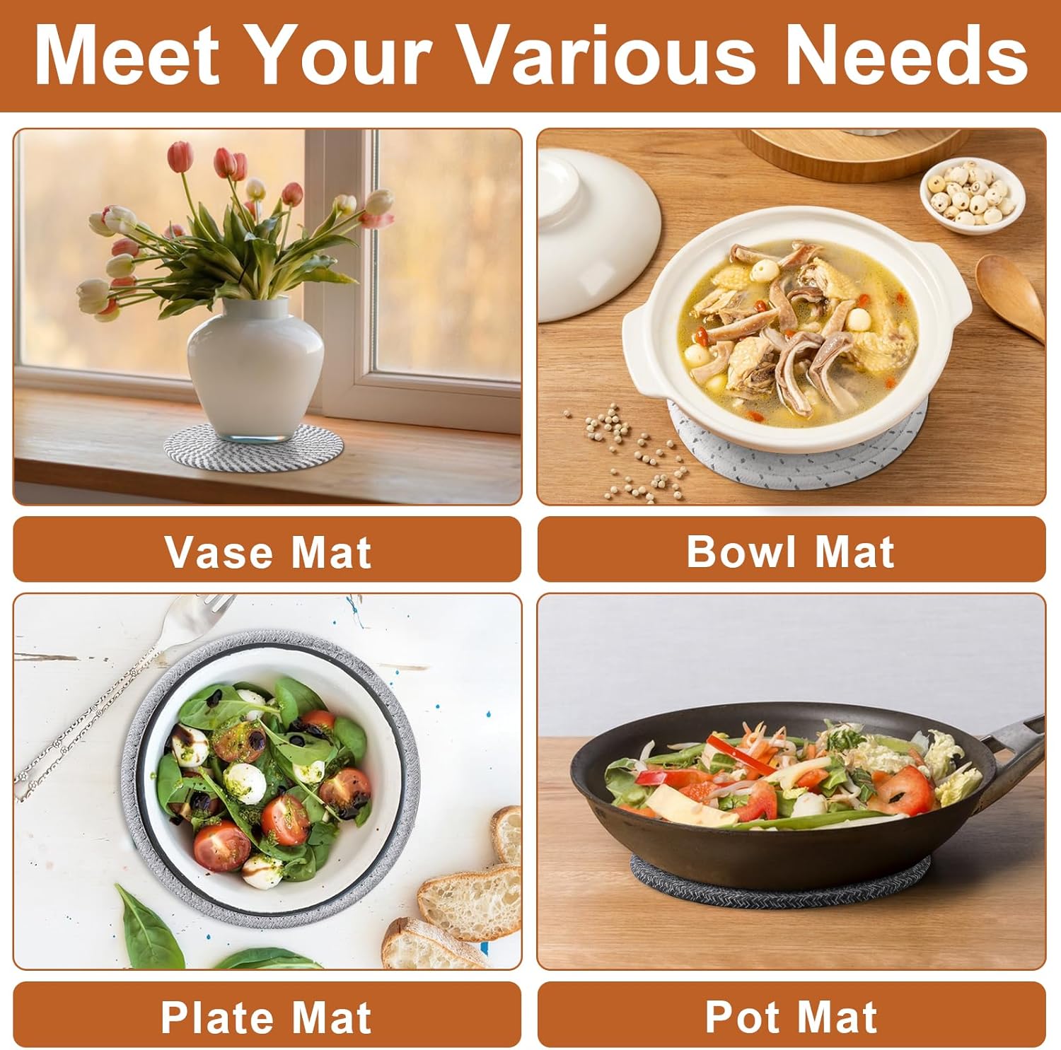 7 Inch Trivets for Hot Dishes, Pots and Pans, 5 Heat Resistant Pot Holders for Kitchen, Home Essentials, Hot Pads for Countertop and Table, Farmhouse Decor โ image 5