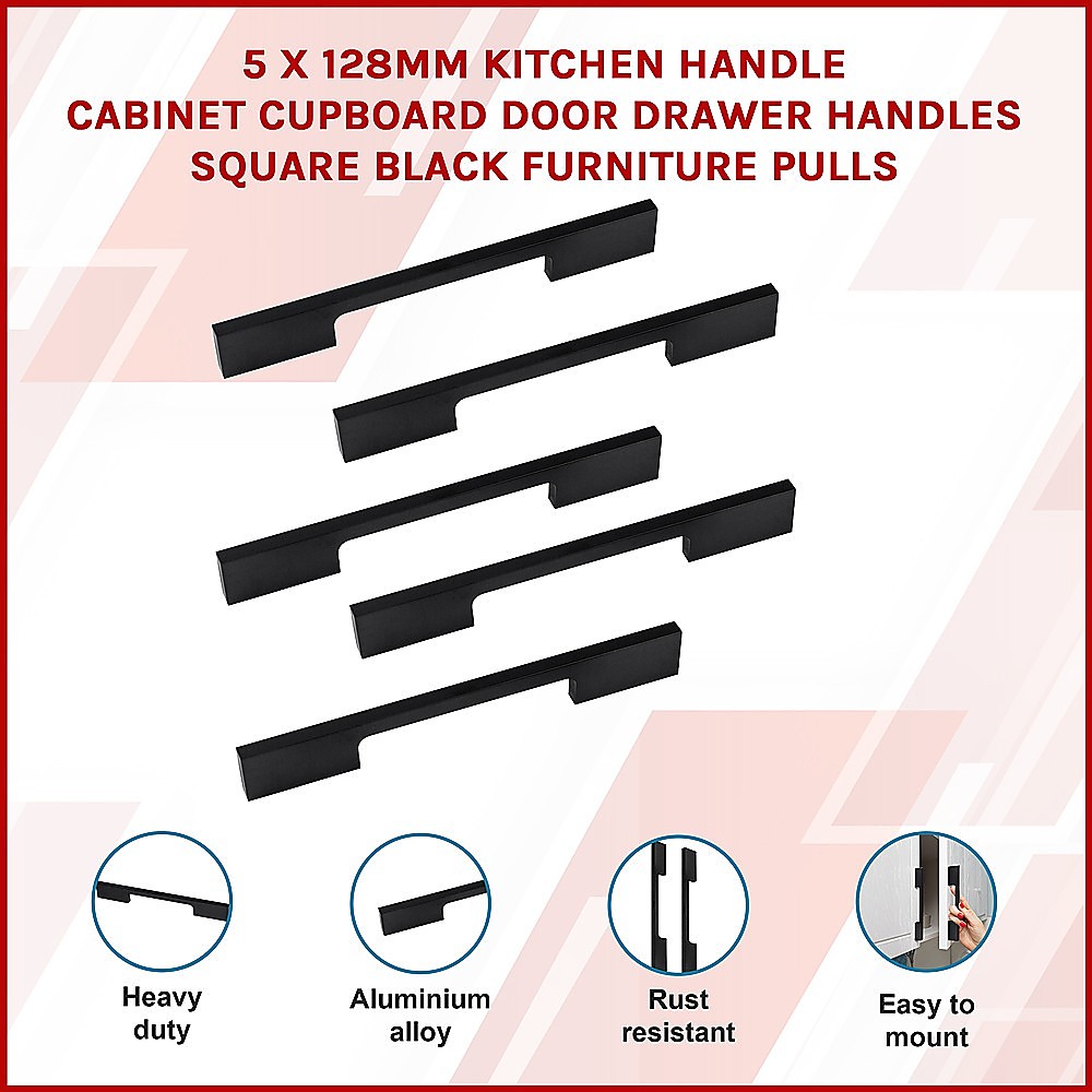 5 x 128mm Kitchen Handle Cabinet Cupboard Door Drawer Handles square Black furniture pulls โ image 3
