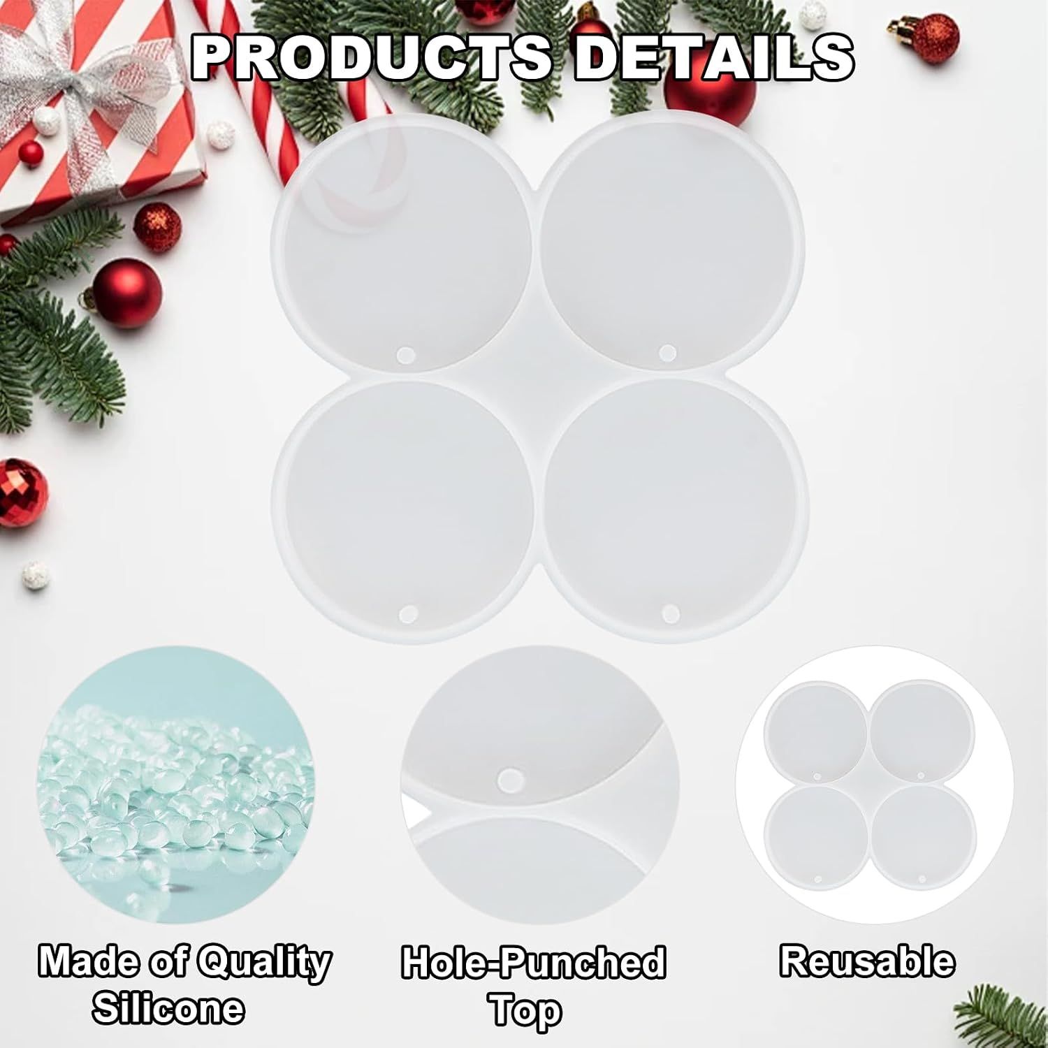 4-Cavity Christmas Ornaments Resin Molds with Hole, Reusable Epoxy Resin Round Molds for Crafting, Holiday Decorations and DIY Gifts — image 3