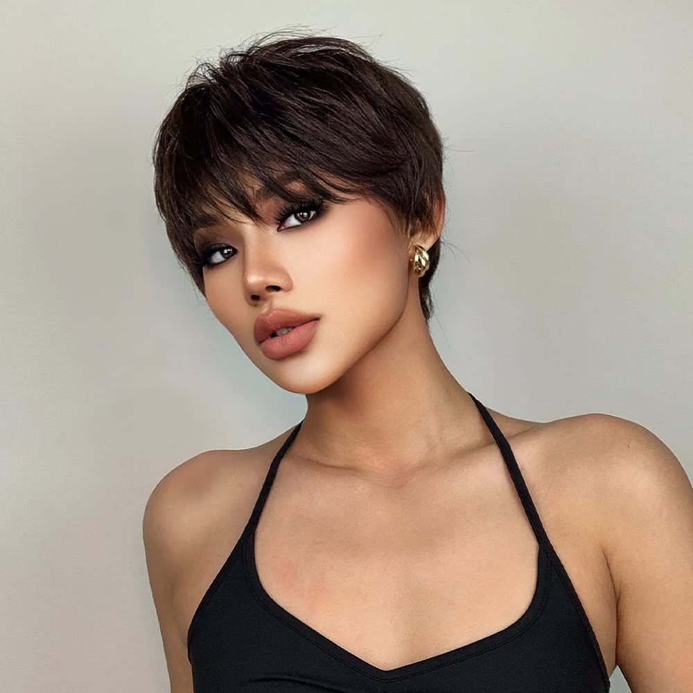 Black-brown Wig With Bangs Synthetic Wigs For Black Women Natural Wave Short Wigs for Women bouncy without fake shine — image 4