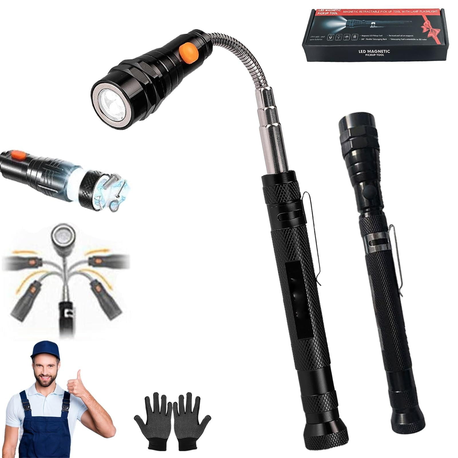 1 Piece Magnetic Pickup Tool, Gifts for Men, Telescoping Magnet Flashlight, Gifts Idea & Stocking Stuffers for Men, Black, 59.9 cm