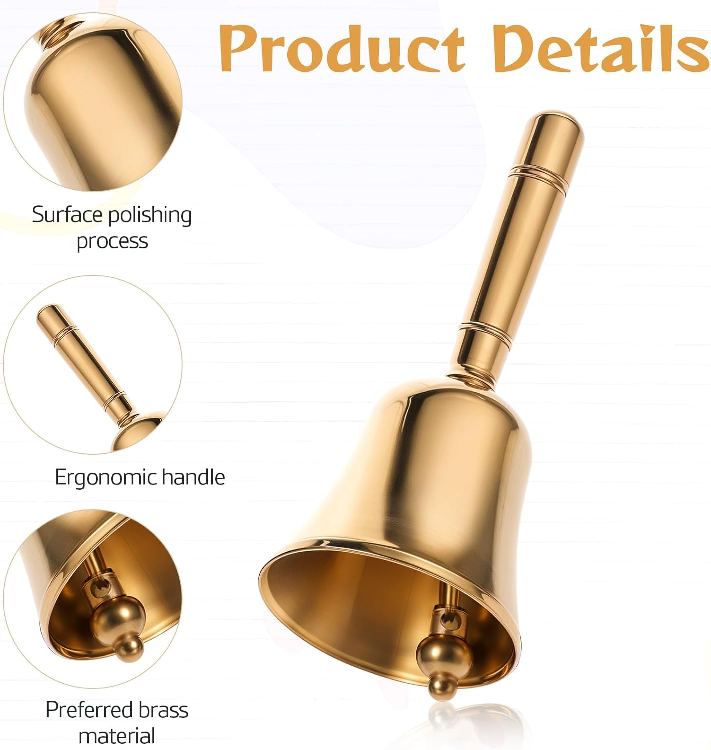 Dinner Bell, Super Loud Solid Brass Call Bells with Metal Handle, 3.9" Small Ring Handbell for Wedding, Classroom, Meditation, Animal Training, Teaching and — image 3