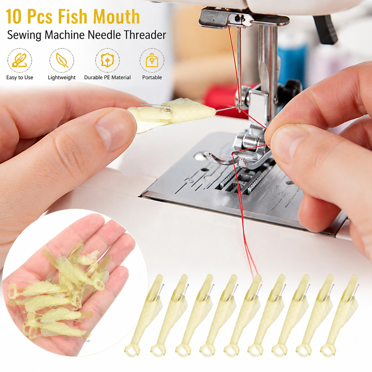 10 Pcs Fish Mouth Sewing Machine Needle Threader,Upgraded Automatic Sewing Needle Threader,Simple Needle Threader Tool(Yellow) — image 5