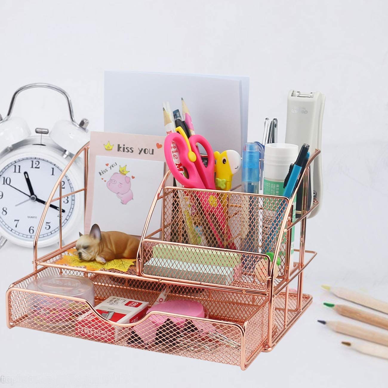 Cute Mesh Office Supplies Accessories Essentials Caddy with Drawer for Home & Office Desktop Organization — image 4