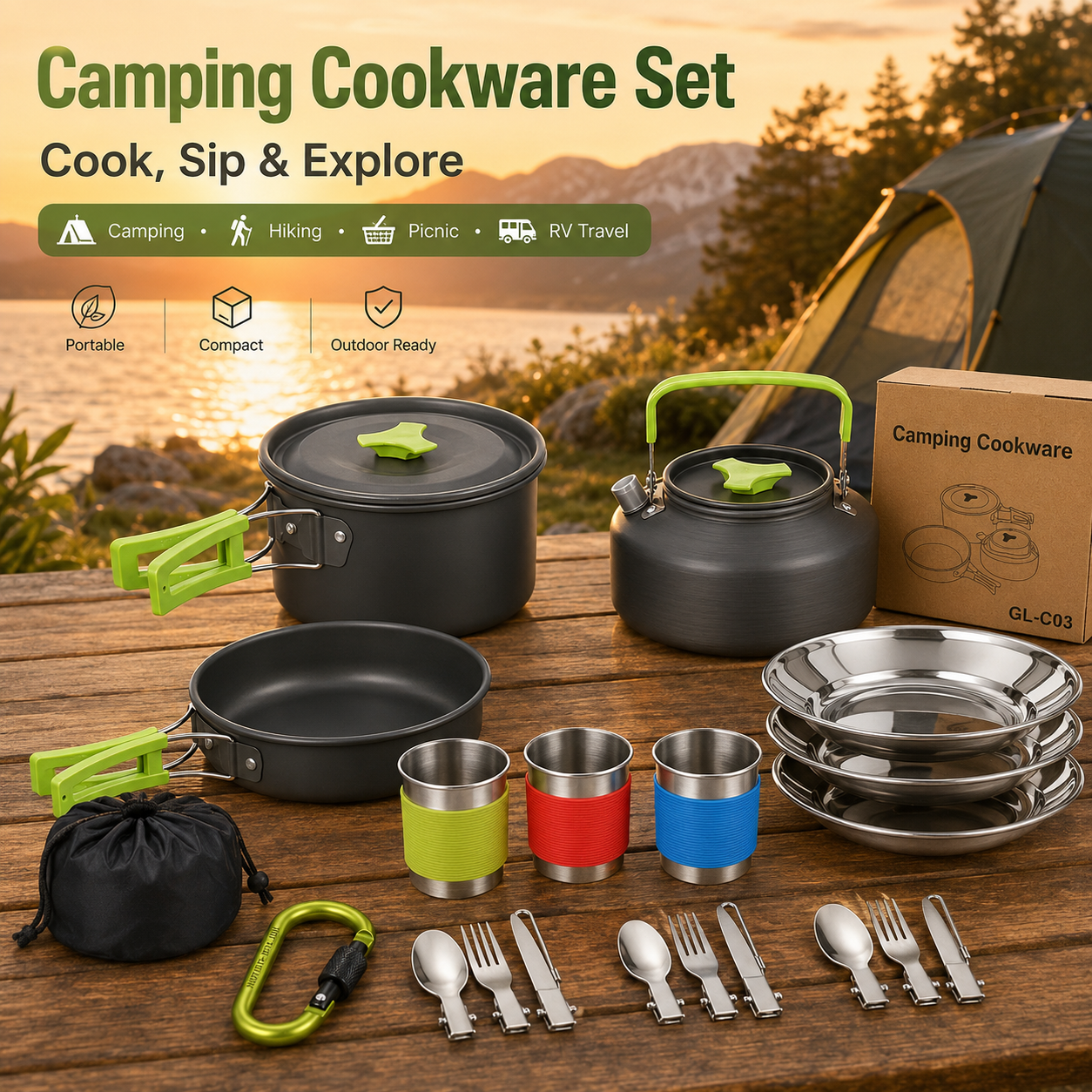 Green Camping Cookware Set for 2–3 People – Portable Outdoor Cooking Pot, Frying Pan & 1.1L Kettle Kit with Stainless Steel Plates, Cups & Cutlery, Lightweight — image 3