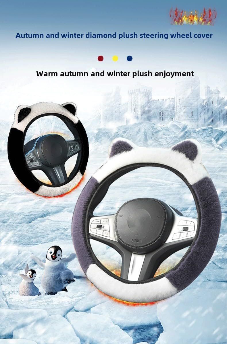 Winter Steering Wheel Cover, Plush Cat Ear Fleece Steering Wheel Warmer for Frost Protection and Soft Grip, 37-38 cm, Black and Pink — image 2