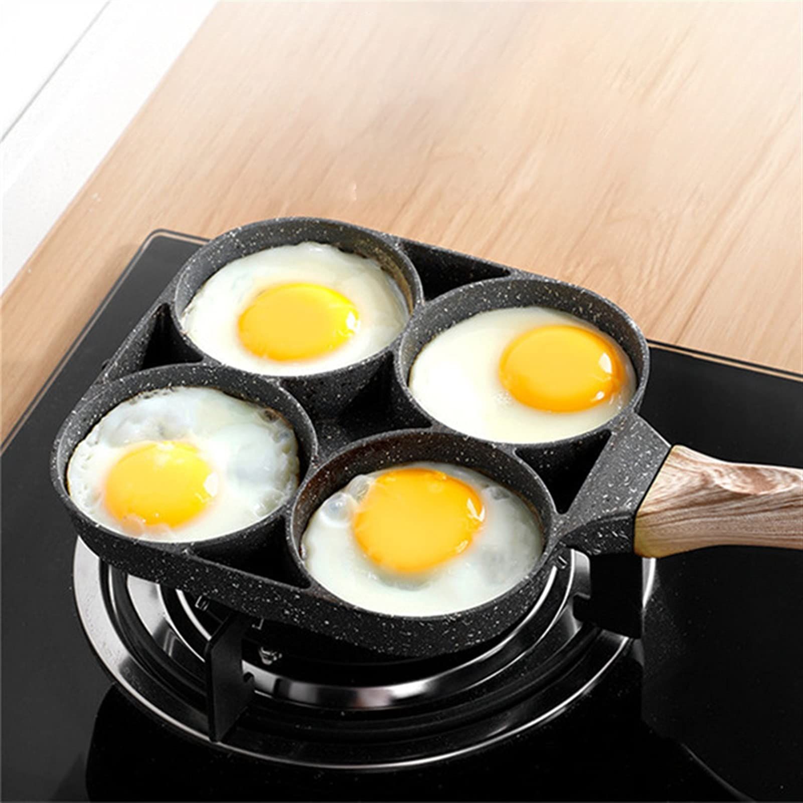 Saucepan Four- Hole Frying Pot Skillet Nonstick Frying Pan Saucepan Egg Steak Ham Pancake Wooden Handle Kitchen Cooking Breakfast โ image 5