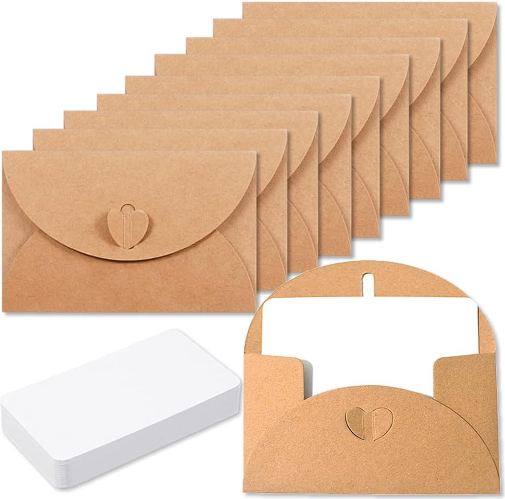 15 kraft envelopes with 15 blank cards - small heart-shaped closure, 10.5 x 7.5 cm, mini envelopes for thank you notes, invitations, birthday cards