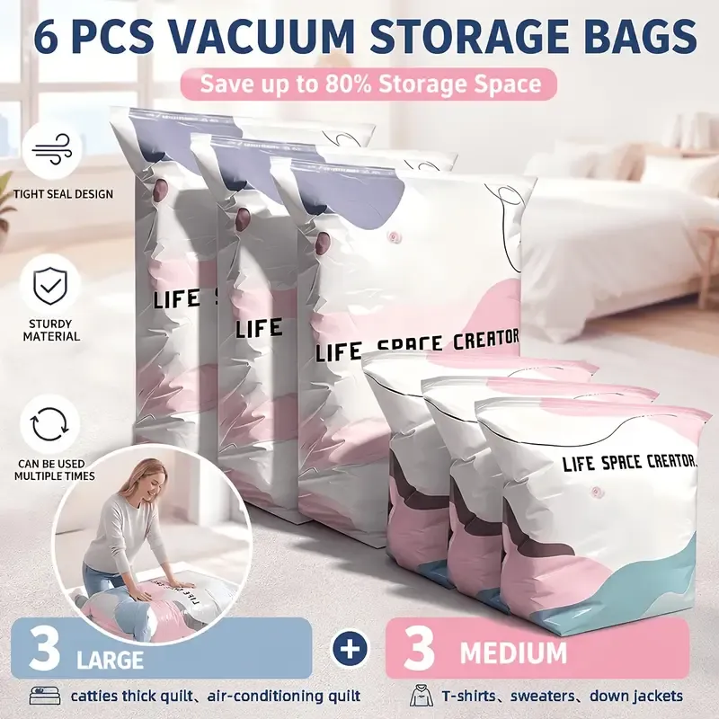 6PCS No-Pump Vacuum Storage Bags – Press to Flatten, Save 80% Space, Seasonal Storage Must-Have (Size: M) — image 2