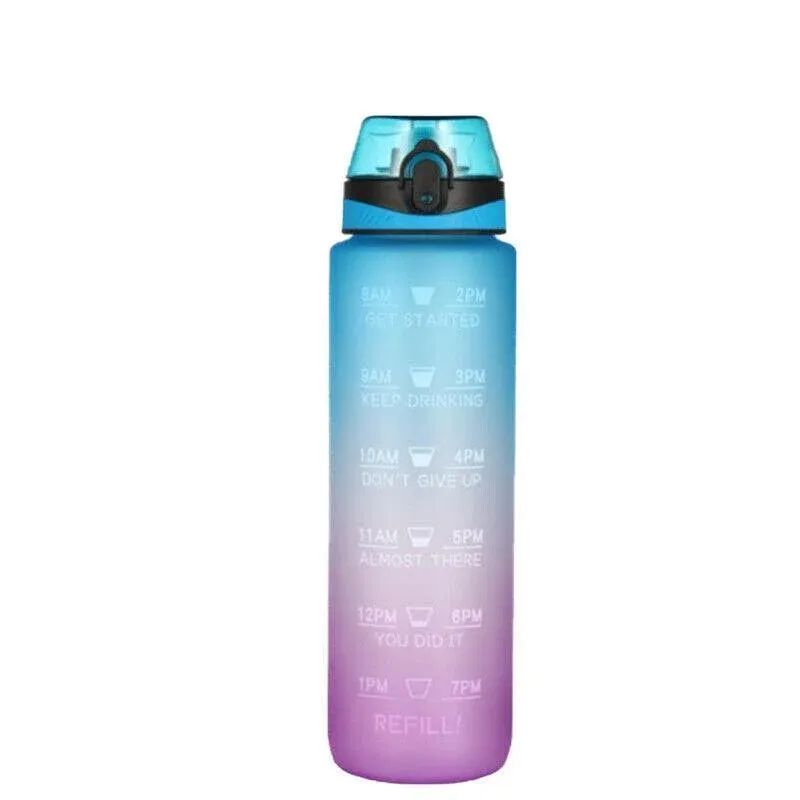 1L Water Bottle Motivational Drink Flask With Time Markings Bpa Free Sport Gym - Blue+Purple