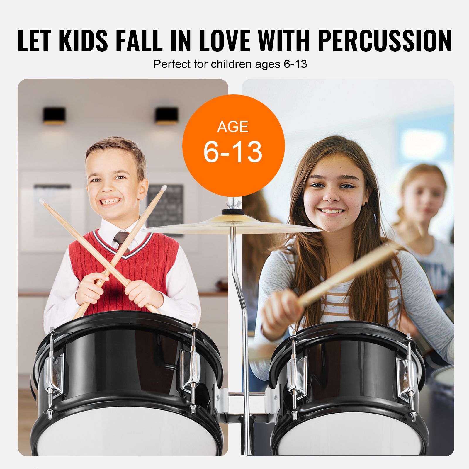 Kids Drum Set, 5-Piece, 406.4 mm Beginner Full Drum Set with Bass Toms Snare Floor Drum Adjustable Throne Cymbal Hi-Hat Pedal and Two Pairs of Drumsticks — image 4