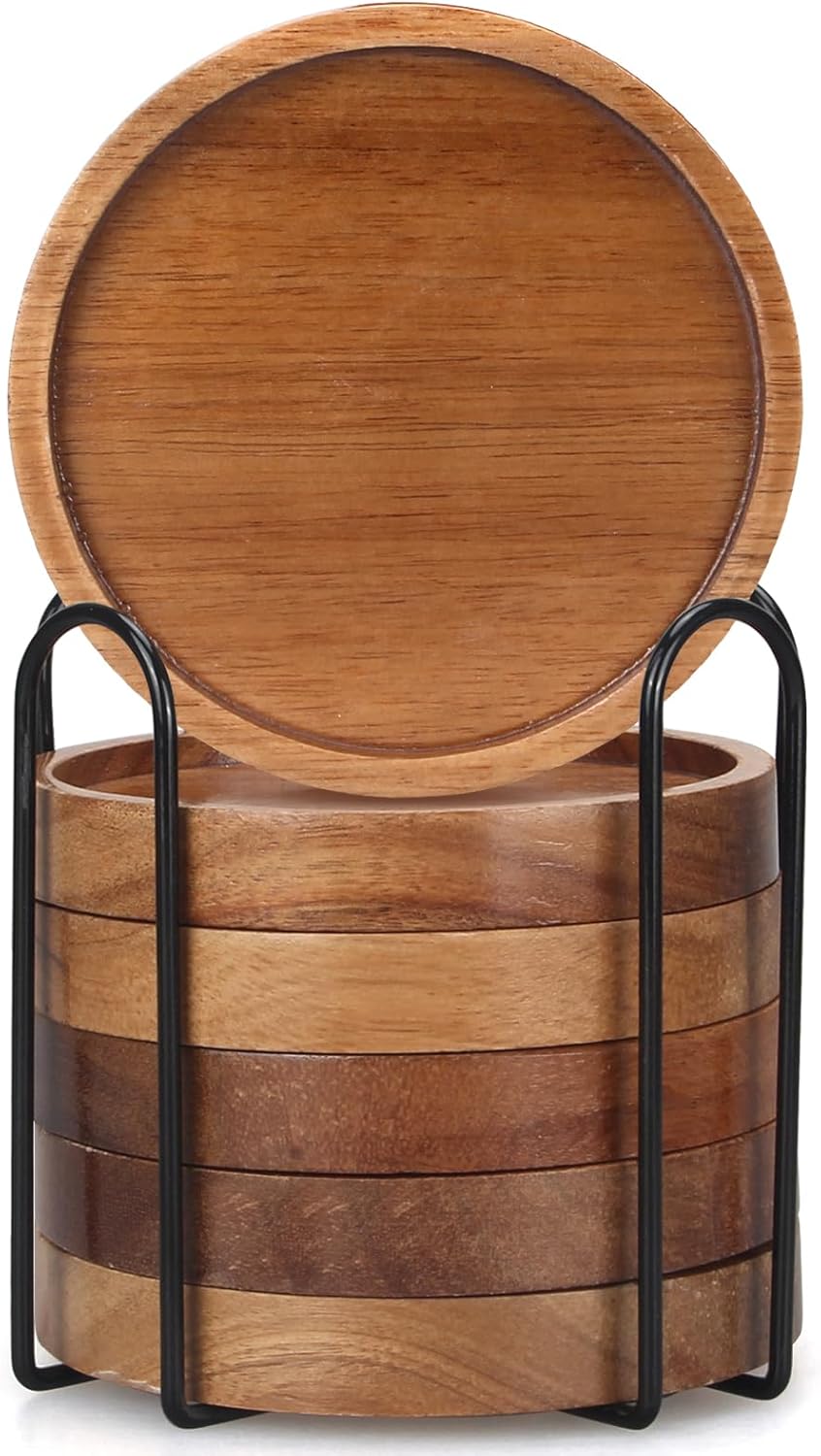 6 Pieces Best Wooden Coasters with Holder, Coffee Table Decor, Acacia Wood Coaster Set, Modern Drink Coaster, Dining Table, Kitchen Accessories, Cute Beer Bar โ image 4