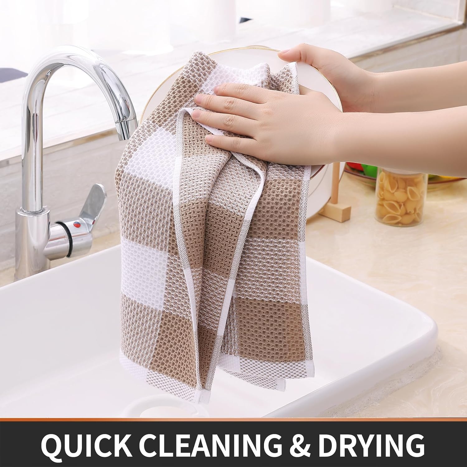 Homaxy 100% Cotton Waffle Weave Check Plaid Kitchen Towels, 13 x 28 Inches, 4-Pack, White & Black and Kitchen Towels and Dishcloths Set, 12 x 12 and 13 x 28 — image 4
