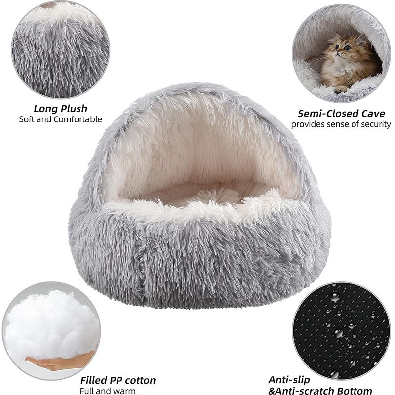 Grey Winter Long Plush Round Donut Cat Bed M Size Dia 40CM - Soft Fluffy Semi-Enclosed Pet Cave Bed with Non-Slip Base, Machine Washable for Cats Dogs Home and — image 2