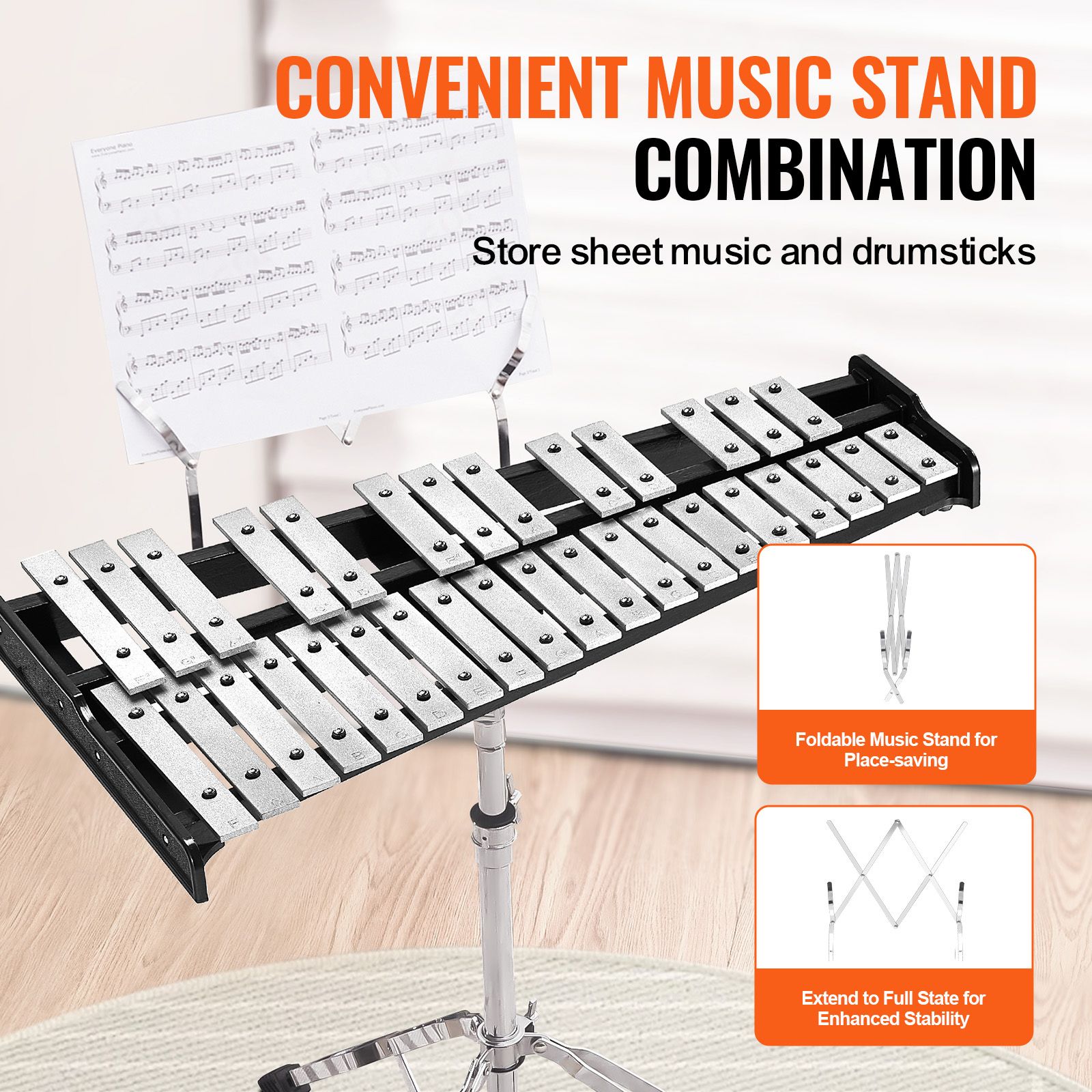 32 Note Glockenspiel Xylophone Bell Kit, Professional Percussion Instrument Set with Mallets, Drum Sticks, Music Stand, Adjustable Stand and Carrying Bag for โ image 5
