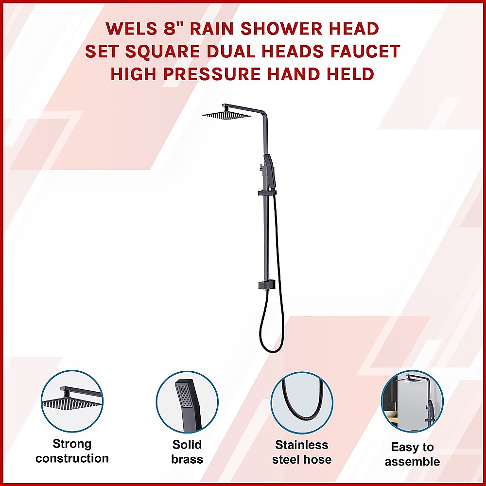 WELS 8" Rain Shower Head Set Square Dual Heads Faucet High Pressure Hand Held โ image 3