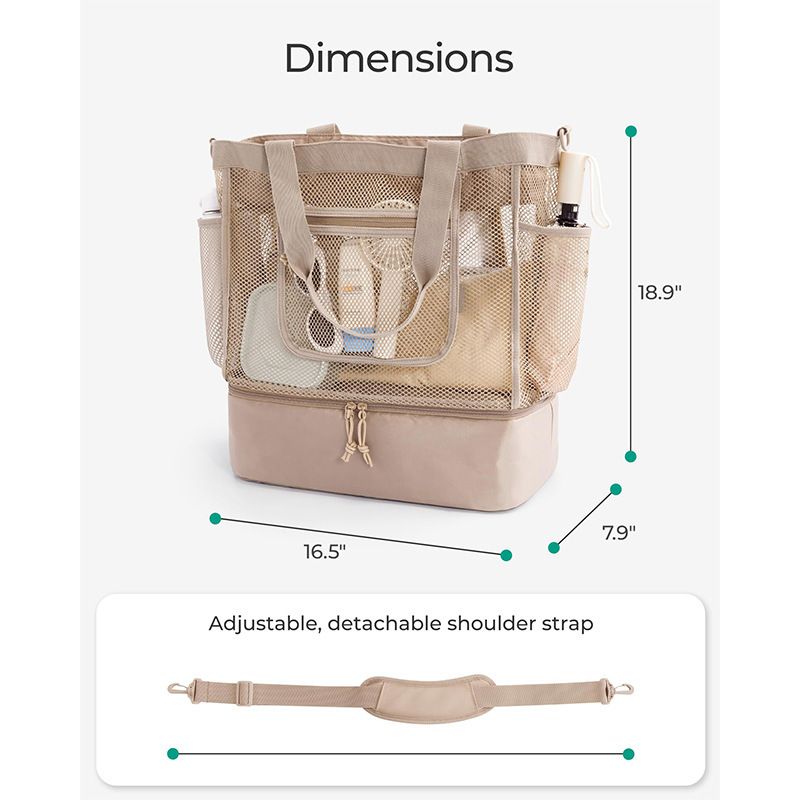 16.5 x 7.9 x 18.9" Beige Beach Travel Mesh Tote Bag with 14L Insulated Drink Compartment - Multi Pockets Sandproof Beach Picnic Bag with Picnic Mat Strap, Cup — image 4