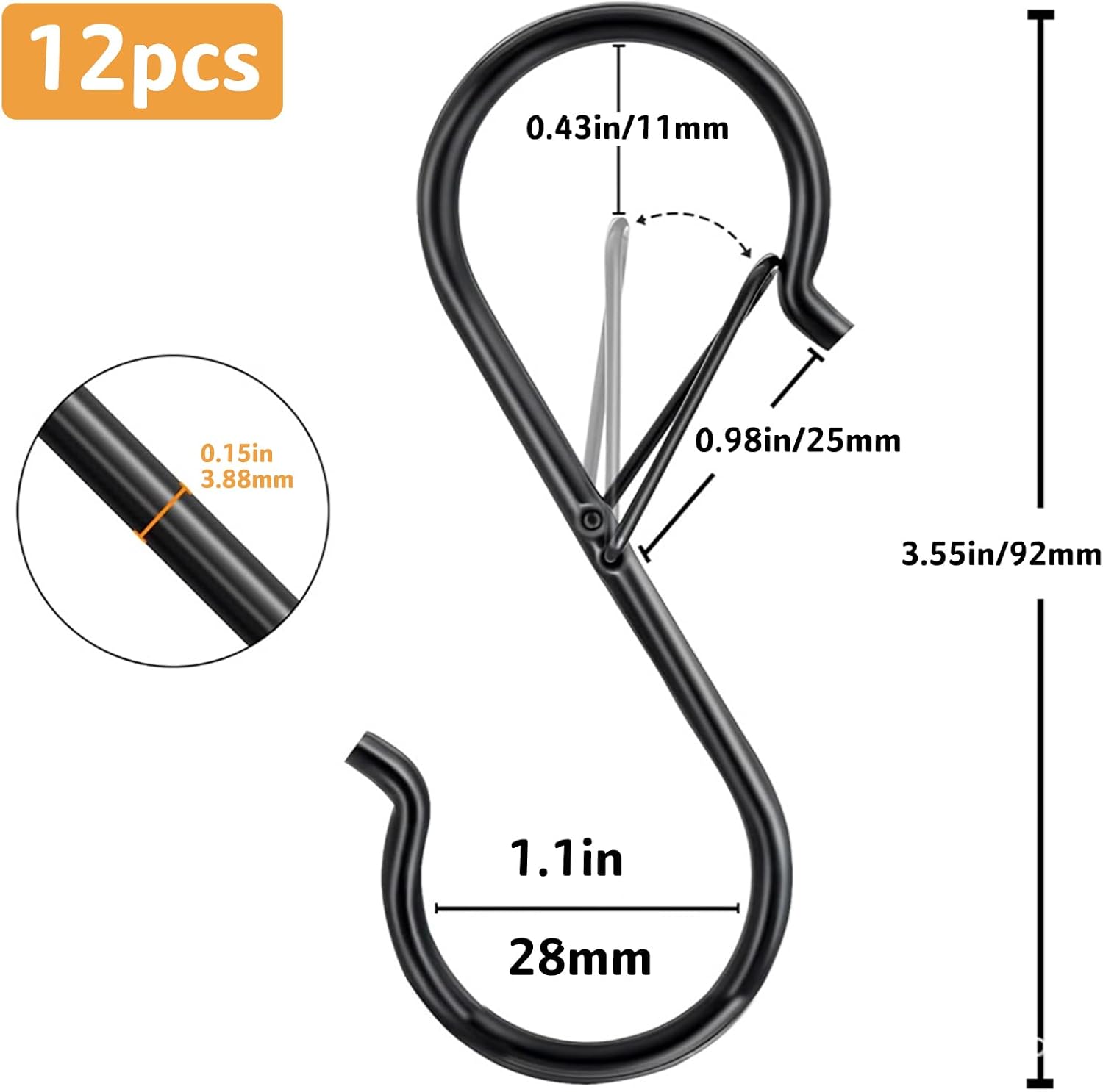 12 Pcs S Hooks for Hanging, Heavy Duty Metal S Shaped Hooks with Safety Buckle for Plants, Pots, Towels and Bags, 3.55 inch (Black) โ image 2