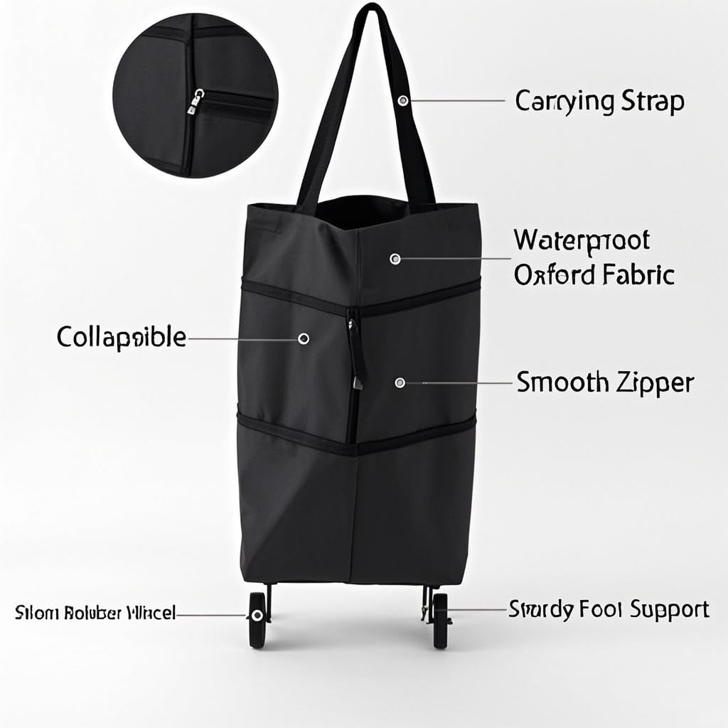 2-in-1 Collapsible Shopping Trolley with Wheels – Foldable Grocery Cart, Reusable Waterproof Oxford Bag for Supermarket, Picnic & Travel (Black) — image 4