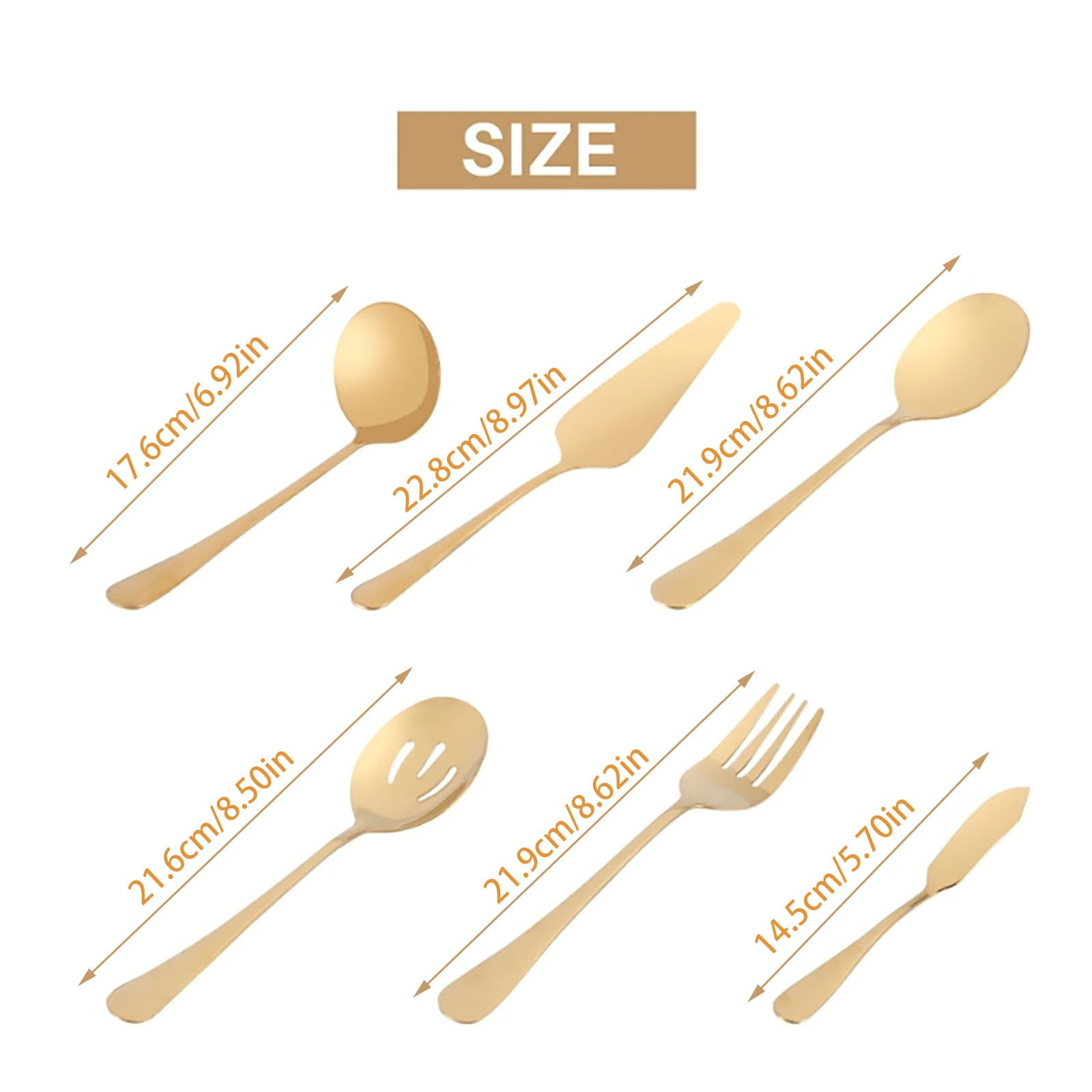 Stainless Steel Gold Serving Utensils Set of 6, Heavy Duty Metal Serving Spoons Slotted Spoons Forks Set for Catering Buffet Party Banquet Restaurant, Mirror — image 3