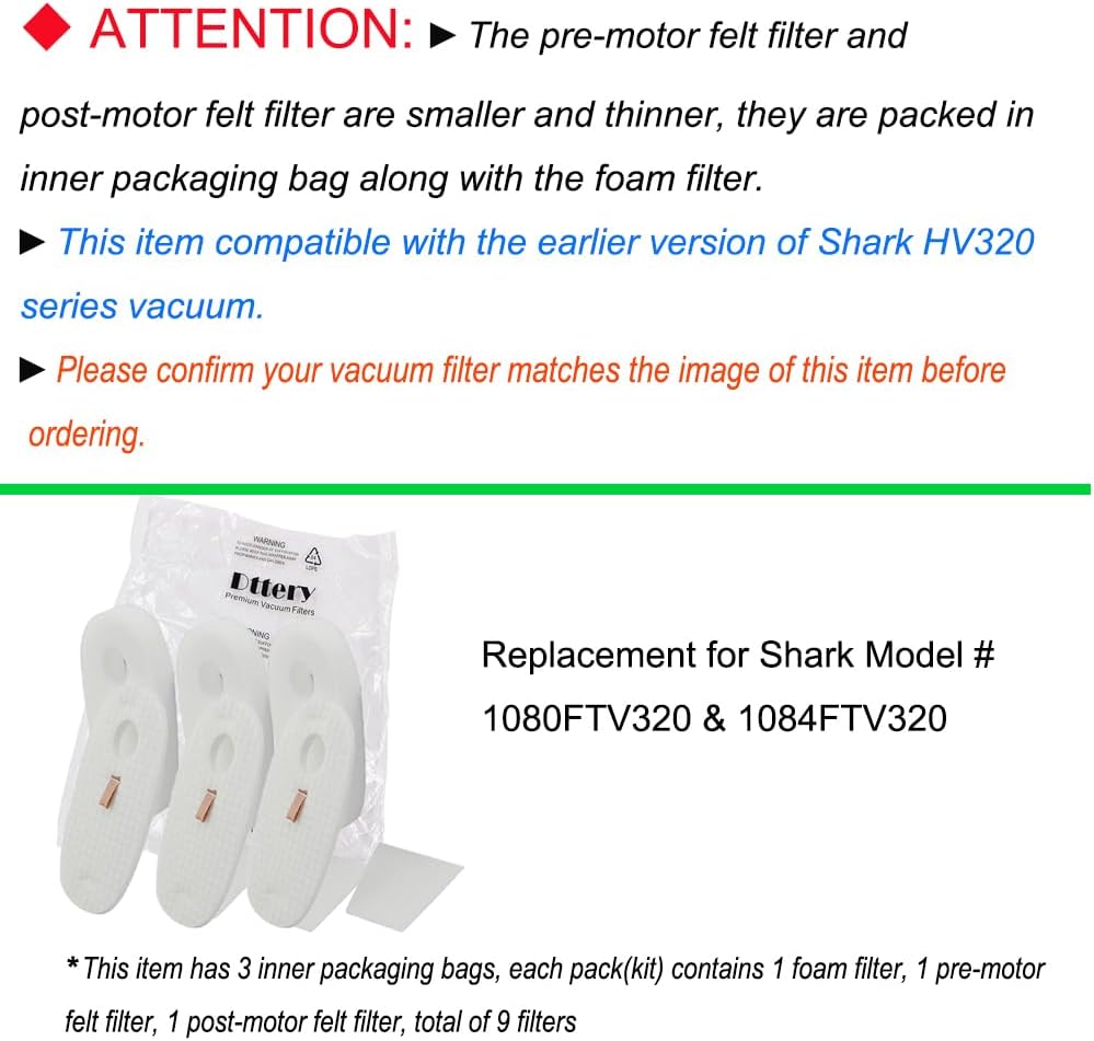 3 Pack Filters Kit for Shark Earlier Version of Rocket DeluxePro TruePet HV319Q HV320 HV321 HV322 HV324Q HV325 UV330 UV422, Replacement Part 1080FTV320 โ image 3