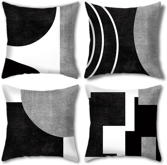Pillowcase - 4-pack - Pillowcases with abstract geometric pattern - 45x45 cm - Pillowcases with zipper - Black and white pillowcases (pillow insert not