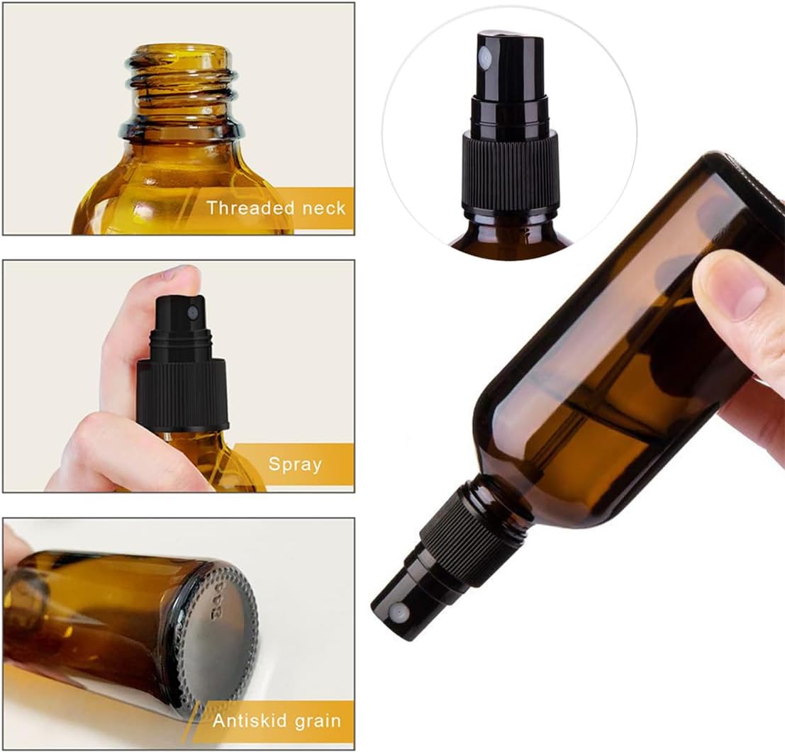 Glass Spray Bottles Amber Empty Spray Bottle Set of 5 Fine Mist Small Spraying Bottle with Funnel and Labels for Essential Oil Perfume Hair, 1.7oz — image 2