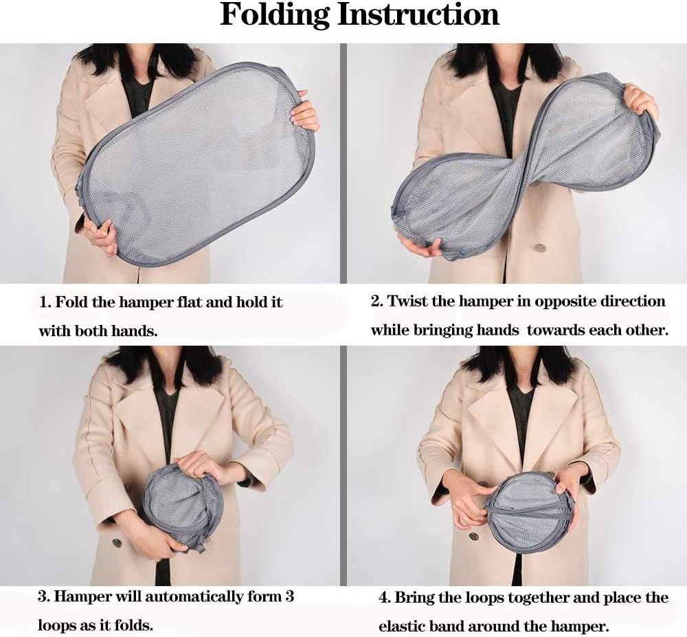 2 Pcs Popup Mesh Laundry Baskets, Collapsible and Portable Clothes Washing Laundry Hampers with Reinforced Carry Handles, Gray Clothes Hamper for Home, Travel — image 6