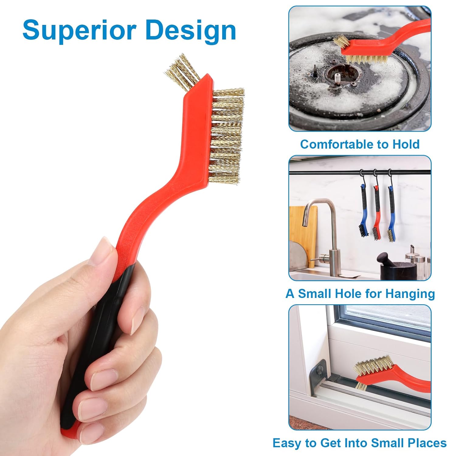 Wire Brush Set 6Pcs, Multi-Purpose Stainless Steel/ Brass/ Nylon Bristle with Curved Handle Grip for Welding Slag Cleaning, Metal Rust Scratching, Paint — image 4
