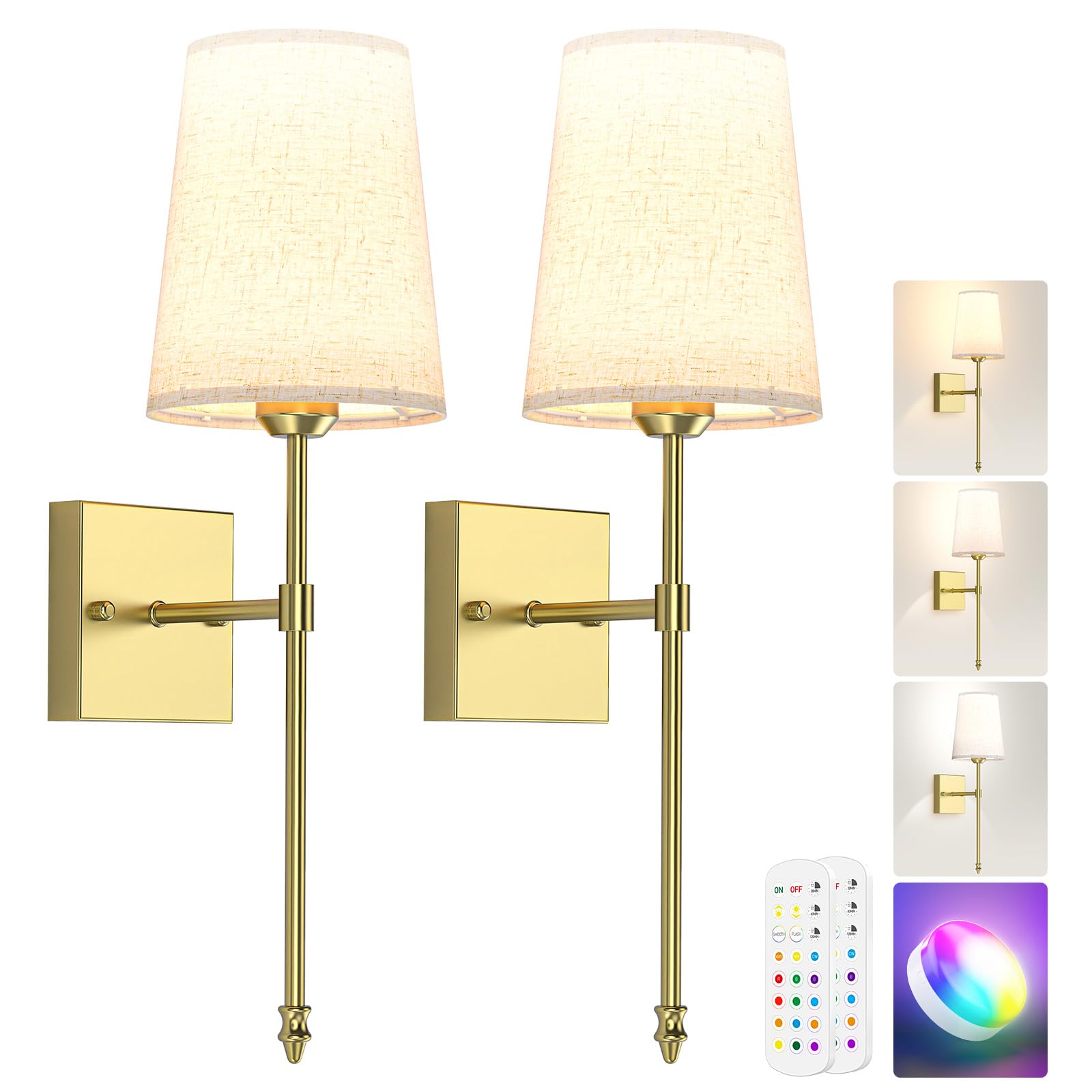 Battery Operated Wall Sconce, 5000mAh Rechargeable Dimmable RGB Wall Sconce Set of 2 with Remote, 3 Color Temperature Indoor Battery Powered Wall Lamp Light