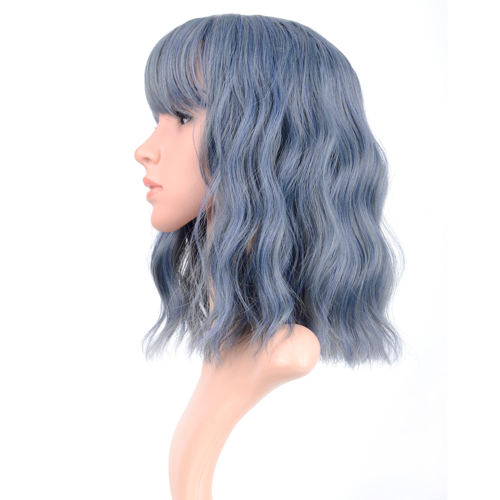 Short Shoulder Length Women's Short Wig Curly Wavy Synthetic Cosplay Wig Pastel for Girl Colorful Costume Wigs(14", Mix Blue) — image 3