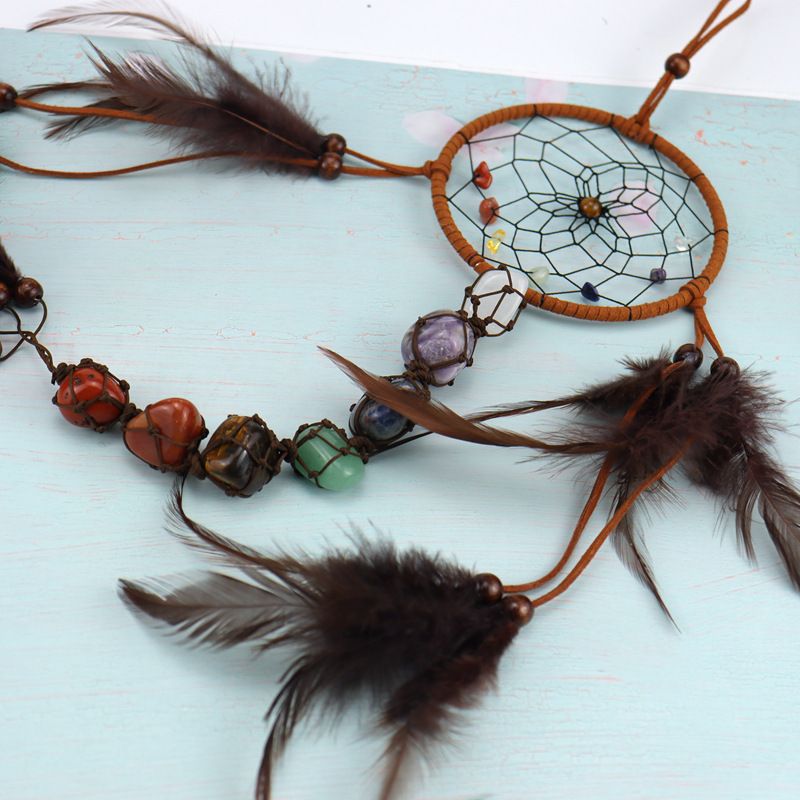 Traditional Native Style BROWN SUEDE Dreamcatcher with Bone Beads & Feathers - 22" Long x 4.3" Diameter — image 3