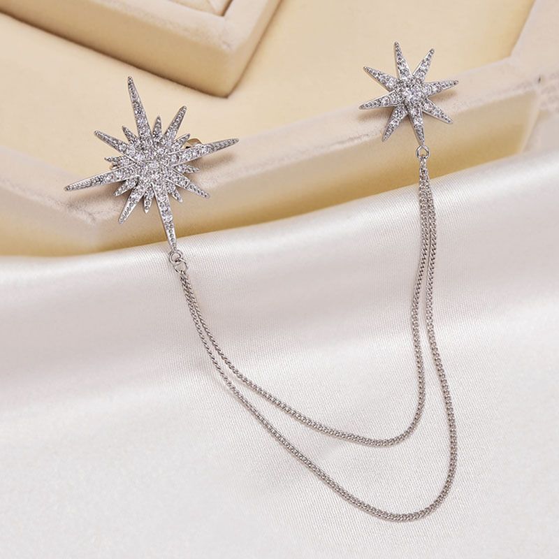 Asymmetric Star Chain Brooch - Rhinestone Double Star Pin with Layered Chains, Elegant Lapel Badge for Women Blazer Coat Dress, Silver Tone โ image 3