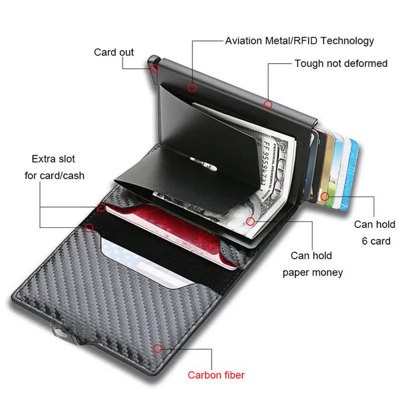 Carbon Fiber Credit Card Holder Wallet Men RFID Smart Metal Thin Slim Pop Up Minimalist Wallet Small Black Wallet Metal Vallet Carbon Bronze — image 3