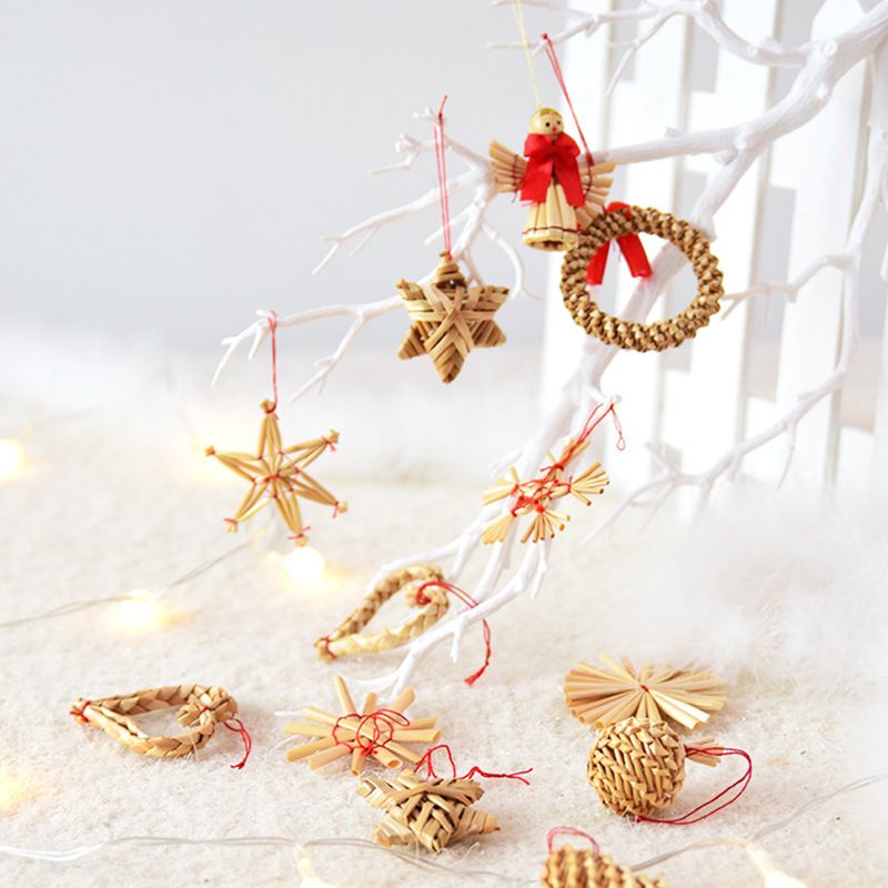 Natural Wheat Straw Pentagram Angel Doll Wreath Christmas Tree Hanging Pendants,Handmade Crafts Ornament for Xmas Party Home Decor — image 3