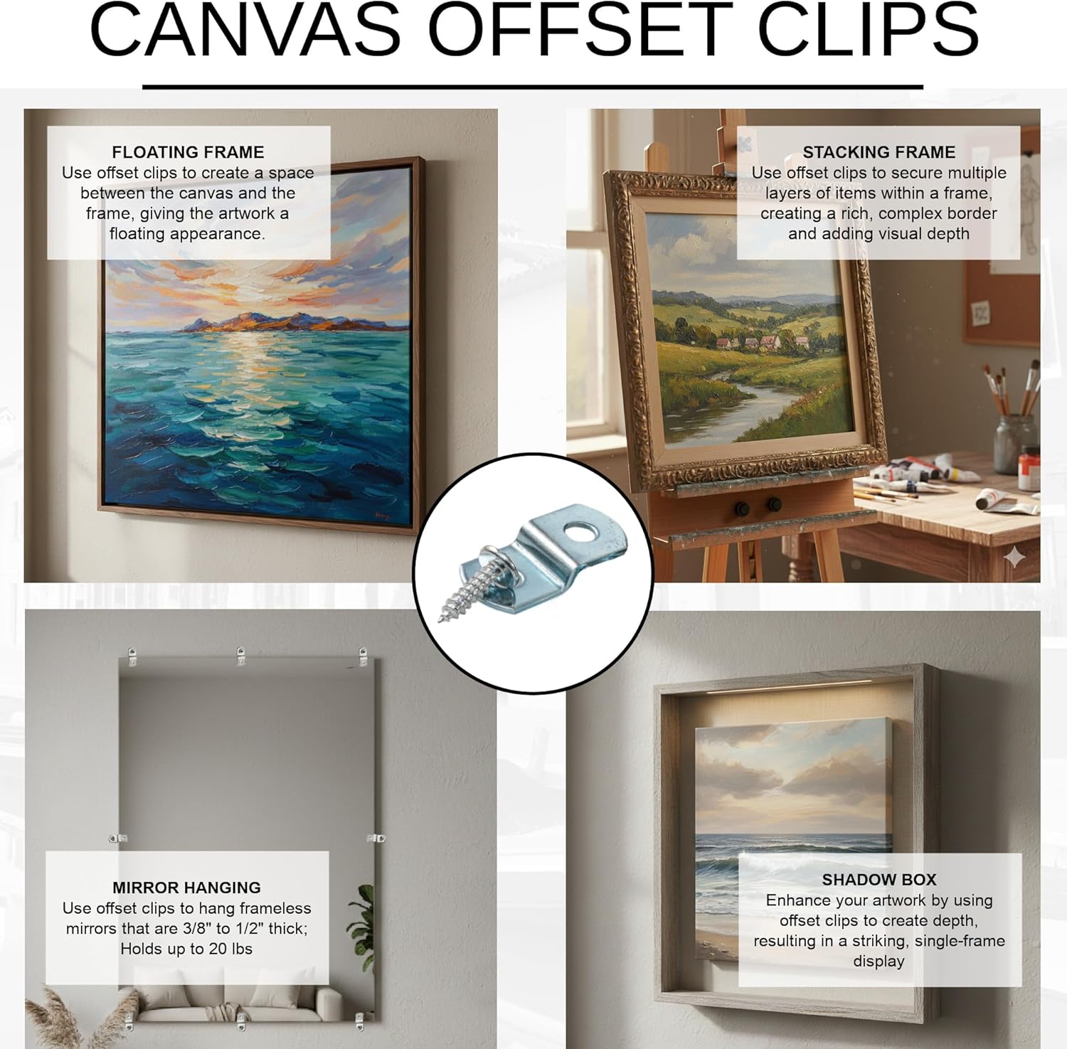 Canvas Clips 8-Pk: (1/2" Offset) or Choose Your Length; Mirror Picture Frame or Artwork Hanging Floater Framing; 8 Screws Included; Glass Panel Metal Retainer — image 3