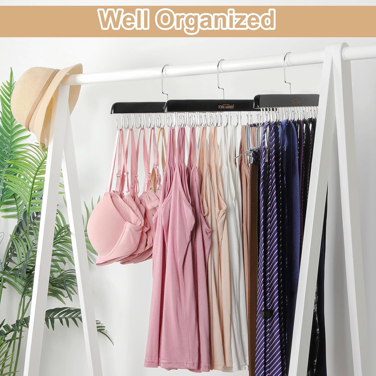 TOPIA HANGER Bra Hanger for Closet, 2 Pack Tank Top Hangers 40 Hooks Capacity Foldable Wood Space Saving Hangers Closet Organizer for Tank Top, Bra, Scarf — image 6