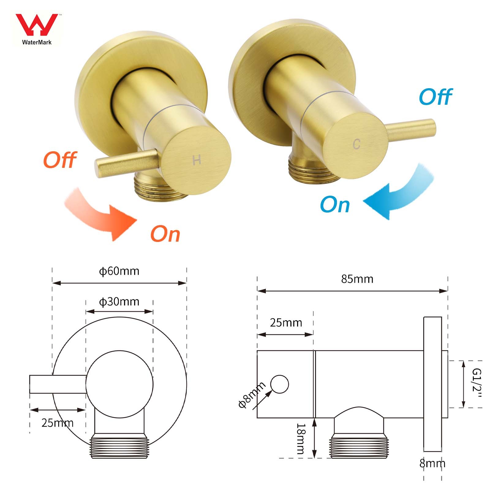 Watermark Brushed Gold Round Washing Machine 1/4 Turn Hot Cold Twin Taps Set โ image 2