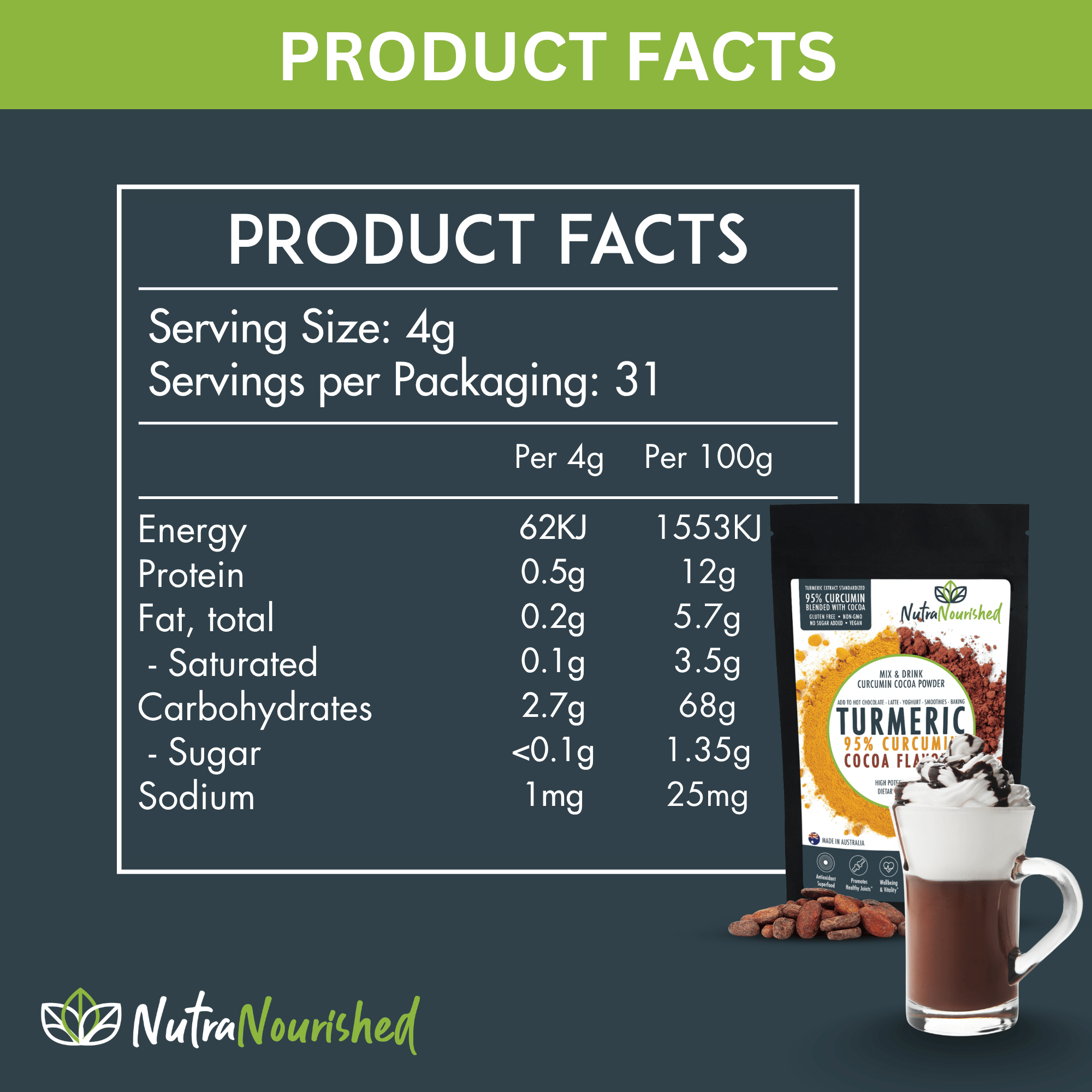 95% Organic Curcumin Extract Cocoa Flavour - Turmeric Powder With Black Pepper - Organic and with Black Pepper - 375g — image 3
