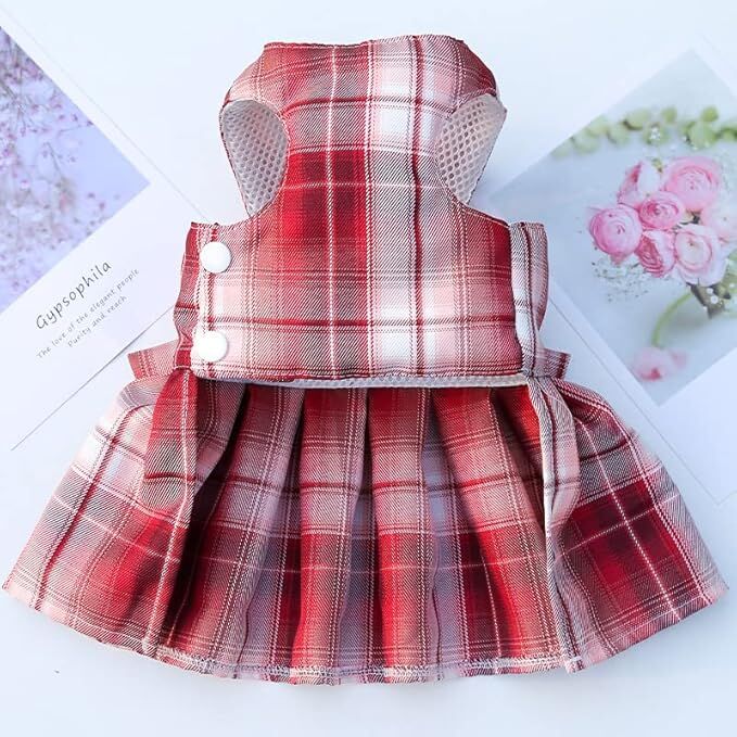 pet products Dog Dress Bowknot Harness Leash Set for Small Dogs Girl Cute Plaid Dog Dress Pearls Bow Tie Spring Summer Princess Clothes Birthday Holiday Doggie — image 4