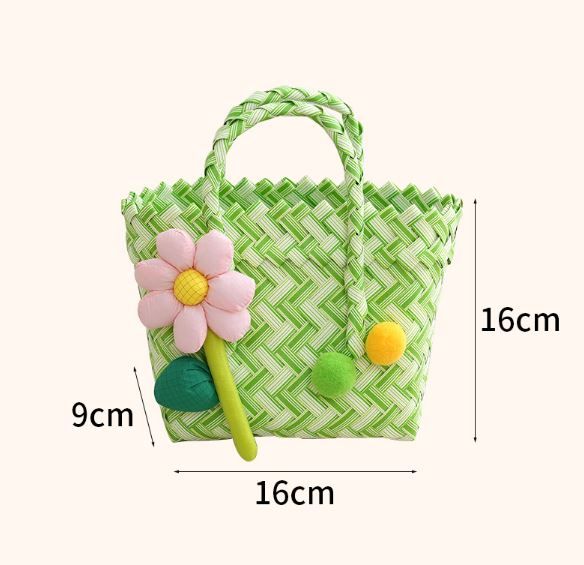 Handwoven Fresh PP Tote Bag with Upright Square Structure, Durable Mini Spring Picnic Basket and Favour Handbag 16x16x9cm, Green White Contrastion โ image 6