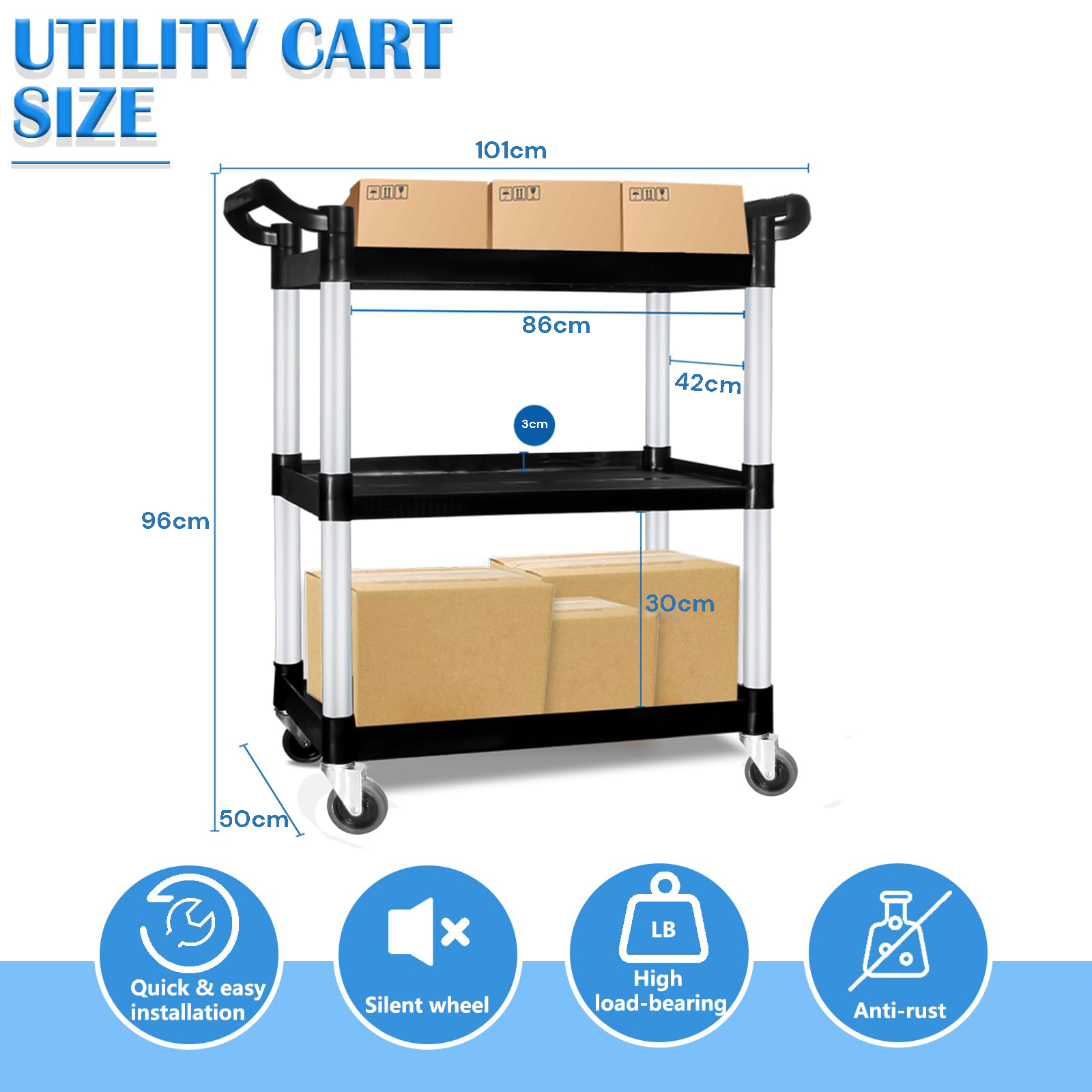 3 Tier Large Service Food Cart Restaurant Trolley Utility Cart Kitchen Catering Shelf Storage โ image 2